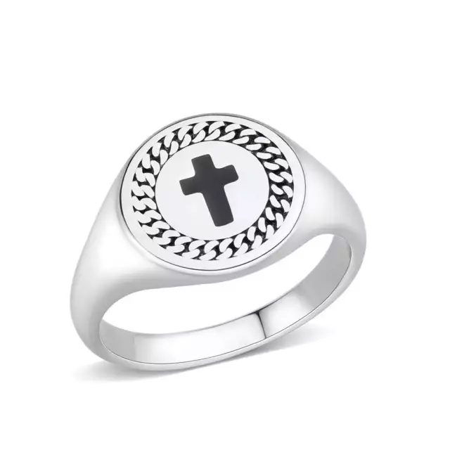Mens cross ring stainless steel no stone signet pinky silver stamped 3874