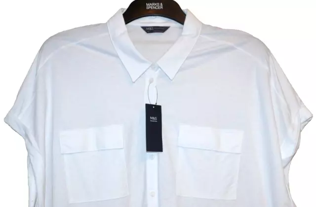 LADIES M&S JERSEY Collared Shirt Blouse Short Sleeve Size 24 White Bnwt ...