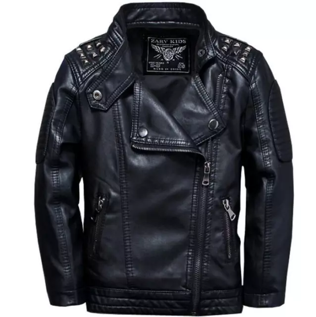 Boys Kids PU Leather Punk Motorcycle Buckle Jacket Zipper Warm Coat Plus Size