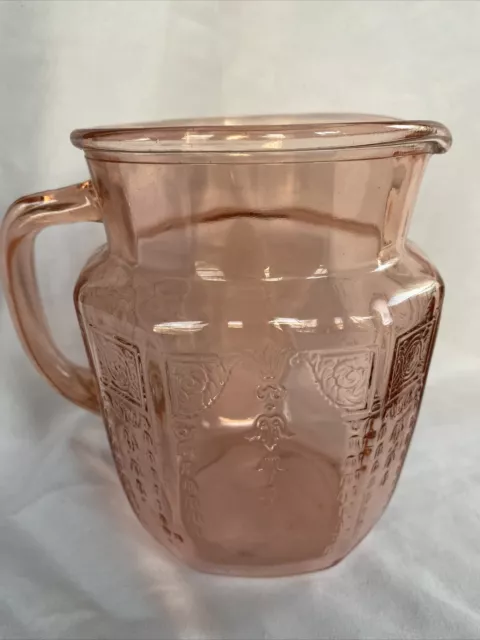 Pink Depression Pink Glass Pitcher. 5 3/4” Tall. Vintage. RARE, UNUSUAL DESIGN
