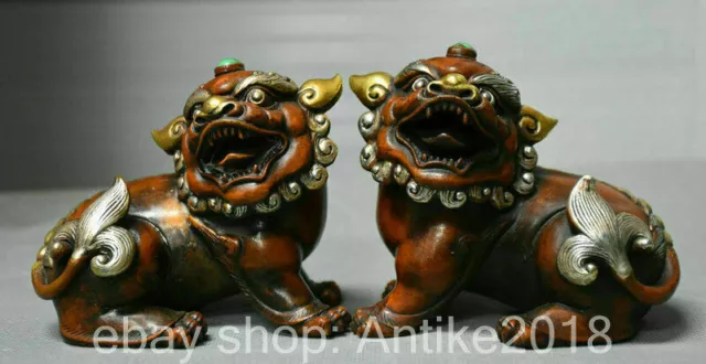 4.4" Old China Purple Bronze Gilt Fengshui Foo Fu Dog Guardion Lion Pair Statue