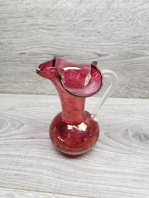 Vtg Ruby Red Depression Glass Small Pitcher Crackle Glass Art Glass