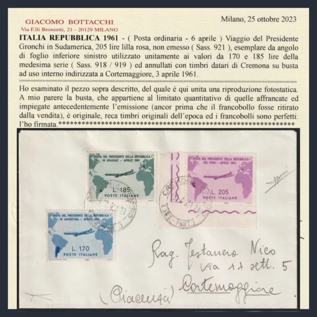 Repubblica Italiana 1961 Gronchi Rosa n. 921 Busta viaggiata Cremona Certificato