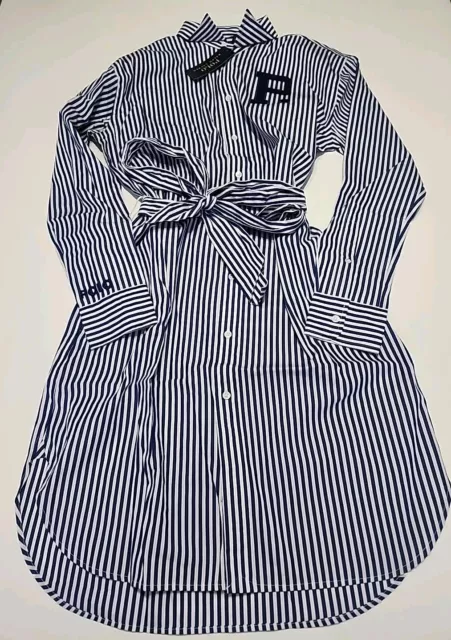 NWT Polo Ralph Lauren Womens Shirt Dress Blue/White Belted Thin Striped Size 4