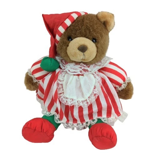 VTG Christmas Bear Plush Puffalump JS International Teddy Santa Red Stripe