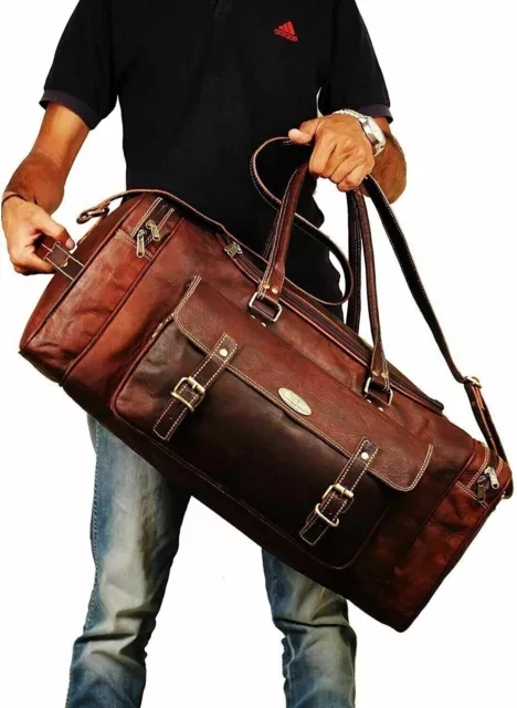 MEN'S LARGE REAL Brown Leather Travel Bag New Duffel Weekend Gym ...