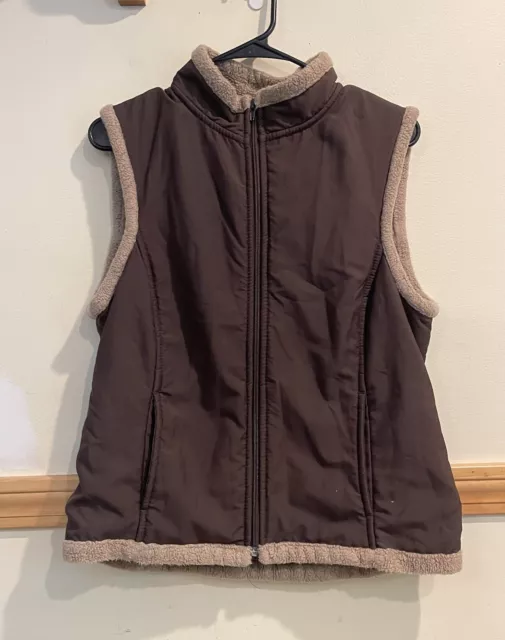 Vintage 90s Prana Brown Sherpa Lined Full Zip Vest Womens Size Large Pockets Y2K