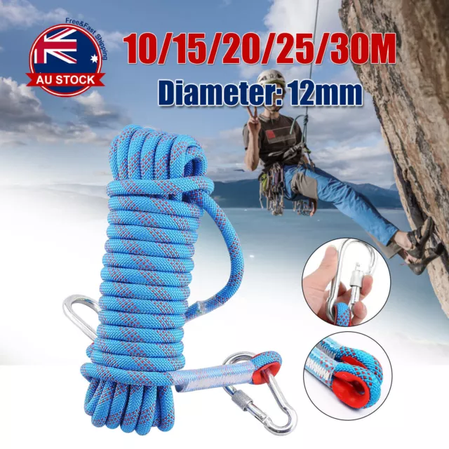 10-30M 12mm Static Rescue Rope Rock Climbing Rappelling Safety Cord Carabiner