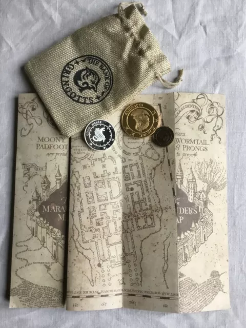 Harry Potter Marauder's Map + Hessian bag With Gringotts Bank Coins . U.K. Sent.