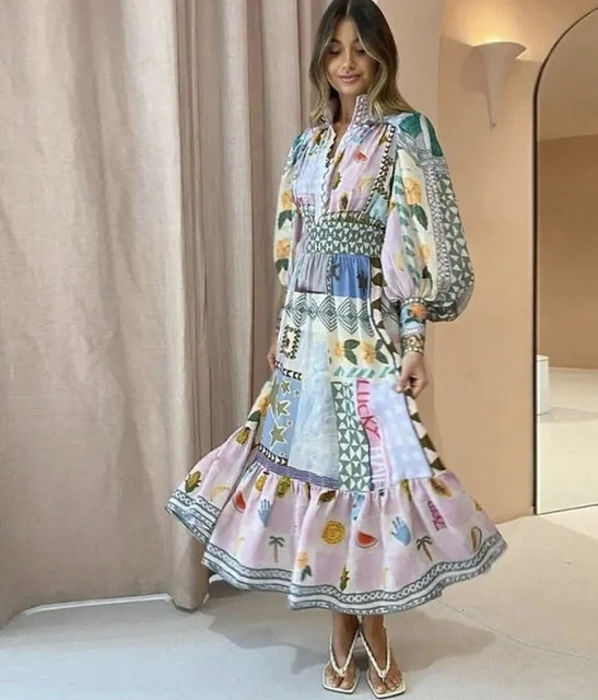 Abstract Print Cut-Out Puff Sleeve Maxi Dress