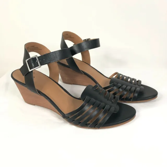 Susina Sandals Wedge Heel Strappy Leather Ankle Strap Black Size 9