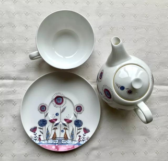 Teekanne Set mit Tasse Tea for one Teeservice 3-teilig Katzen Blumen wie neu