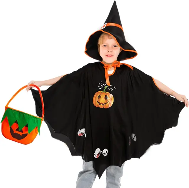 Costume Di Halloween Bambina Mantello Da Strega Bambino Con Cappello Borsa Di Ca 2