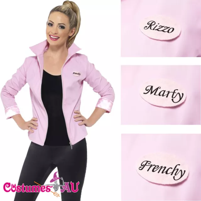 Deluxe 1950s Grease Pink Lady Jacket Ladies Badges 50s Costume Frenchie Rizzo