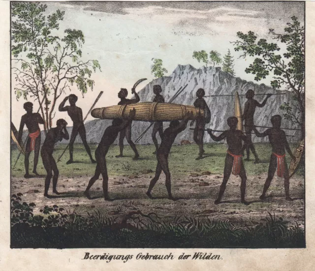 Australie Ethnologie Funérailles Original Kol. Lithographie Völkergalerie 1840