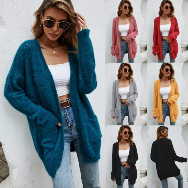 Womens Fluffy Knitted Casual Loose Open Front Long Sleeve Cardigans Jumper Coats