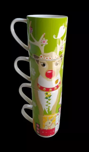 Coffee Tea XMAS 4 x Maxwell Williams Kris Kringle Reindeer Stacking Mugs 350ml