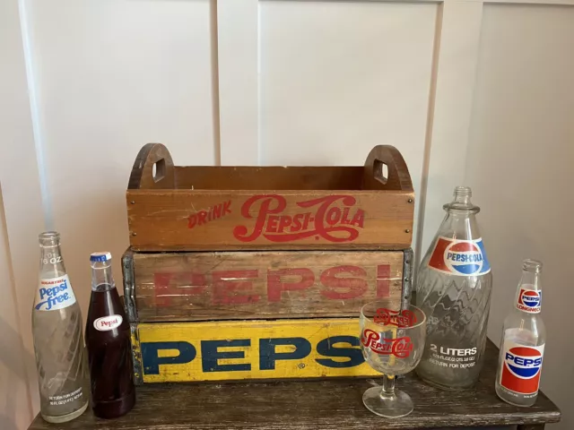 3 VINTAGE PEPSI Wood Crate Lot Cola Wooden Storage Tray Caddy + Glass