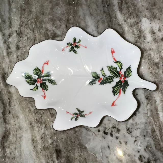 Vintage Lefton China Hand Painted Trinket Dish White w/Holly Gold Trim 6" x 4"