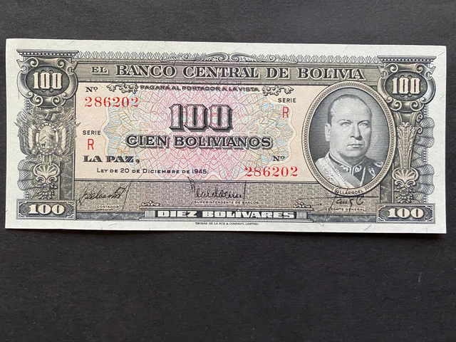 BOLIVIA, 1945, Billete Banco Central de Bolivia, 100 BOLIVIANOS, Serie R, UNC