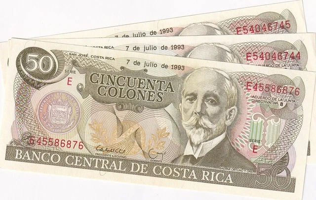 Costa Rica 50 Colones 1993 P 257 Unc Lot 3 Pcs Nr