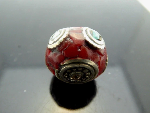 Vintage Nepalese Natural Inlaid Coral Turquoise Rondelle Pendant Focal Bead 1 Pc 10