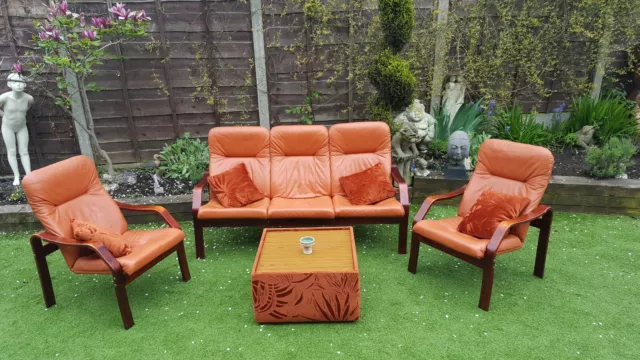 Three/four piece 1970s Rare Orange Tan settee and chairs designer g plan syle