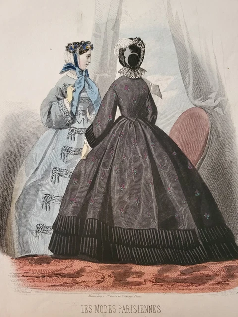 19th century fashion engraving Parisian fashion dresses by Miss Leriche Lingeries