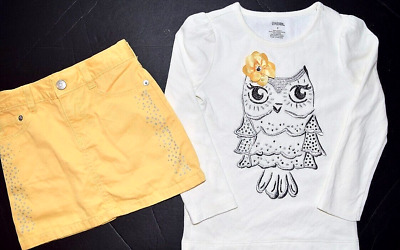 Euc Gymboree Bright Owl Shirt Yellow Sparkle Mini Skirt 2Pc Set Outfit Size 4
