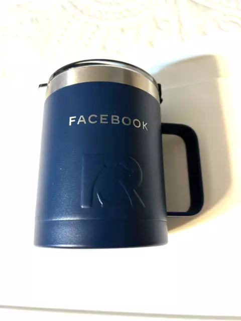 RTIC Blue FACEBOOK Coffee Cup 12oz Dbl Wall Vacuumed Insulated Spill Proof Lid.