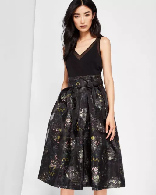 Ted Baker Londres Freay Metálico Floral con Vuelo Vestido (Talla 0- 00 Ee. Uu. )