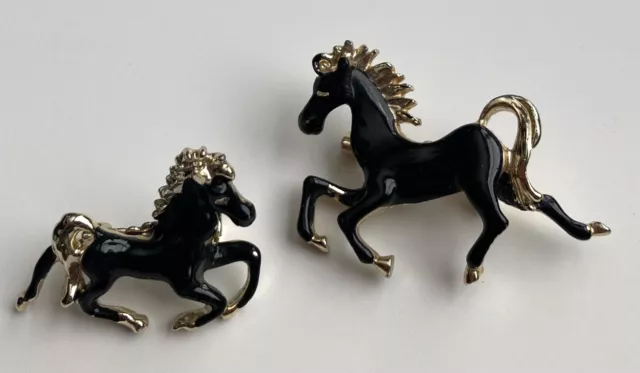 Vintage Horse Pony Colt Brooch Pin Gold Tone Metal Black Enamel Equestrian