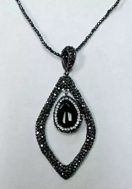 HSN JK NY Open Space Beaded Crystal & Black Gem Dangle Drop 30" Pendant Necklace