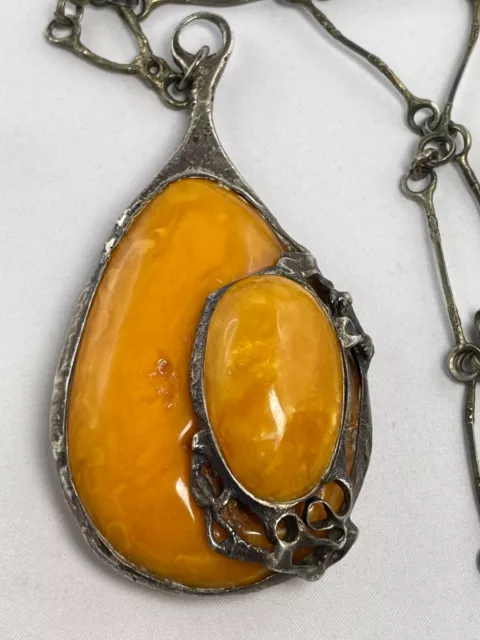 Vintage Collier / Halskette Silber Bernstein Anhänger – 56,8  Gramm – Amber