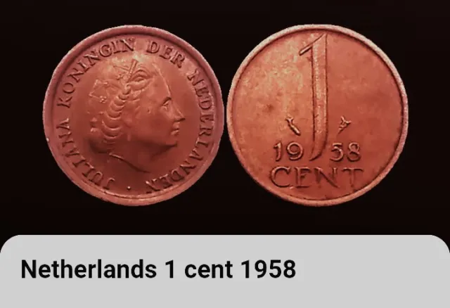 1958 Netherlands 1 Cent Coin BONUS OFFERS  Queen Juliana Bronze One Cent