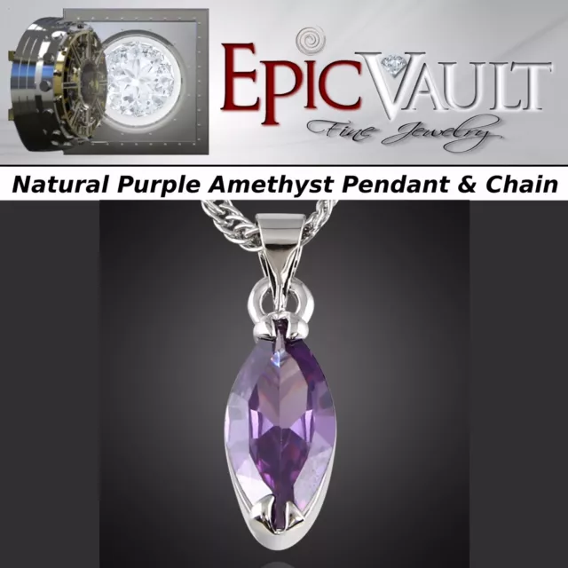 EPIC VAULT- Natural Purple Amethyst Pendant-18k White Gold plated-w/ Chain