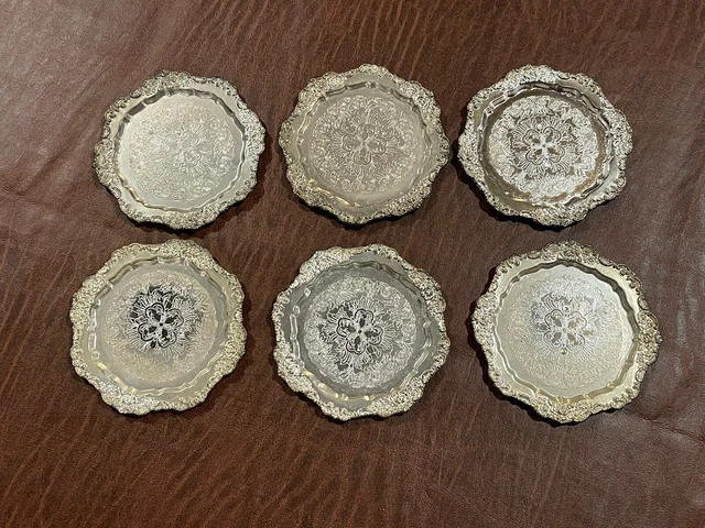 Vintage Silver Plated Bar/Cocktail Coasters Made In Hong Kong Lot Of 6