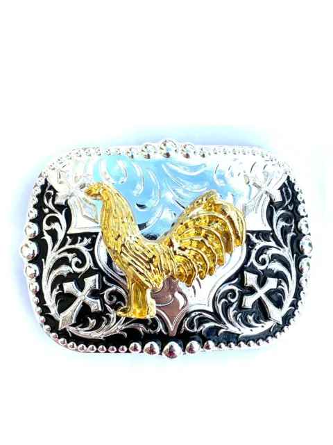 Western Buckle Gold Black Silver Rooster Cowboy 2''Buckle Hebilla Vaquero Gallo