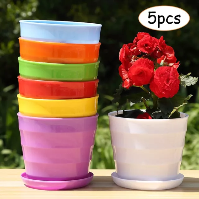 5X Plante Pot Jardin Rond Fleur Plastic-Pots W/Soucoupe Plateau Décor Maison