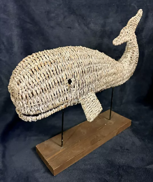 White Wicker Whale Art Sculpture On Stand 19.5” D