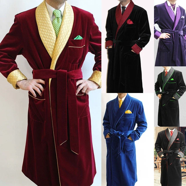 Accappatoio trapuntato in velluto da uomo, vestaglia da smoking vintage,...