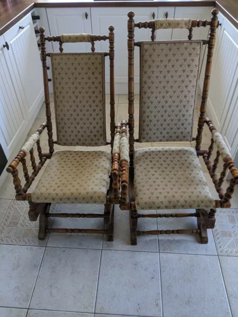 Antique Pair Of Wooden Rocking Chairs. Upholstered His & Hers Set. Mint Cond.