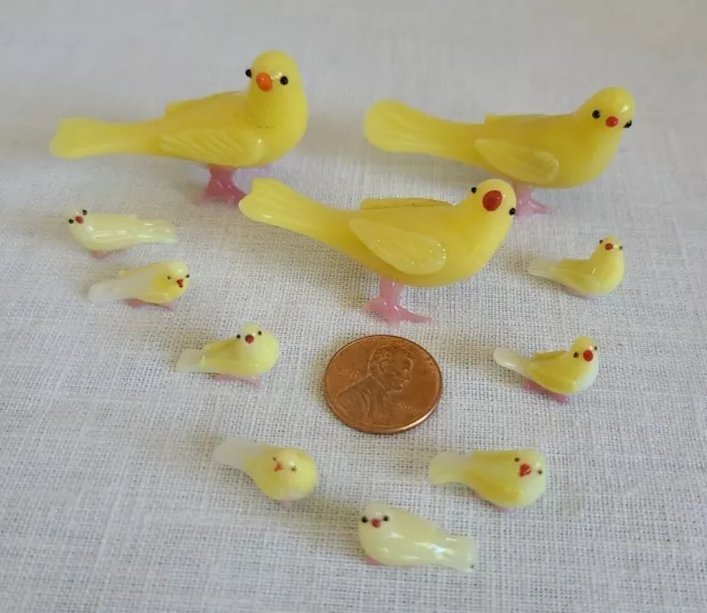 Vintage glass miniature yellow bird family set of 11 micro mini figurine lot #3