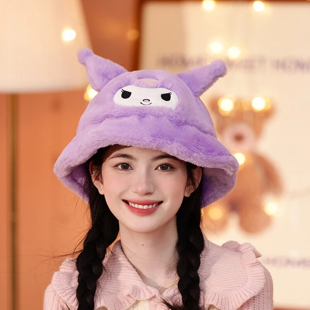 Kuromi Plush Fisherman Hat Sanrio My Melody Outdoor Warmth Bucket Hat Girls
