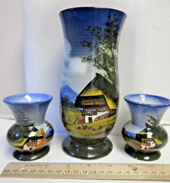 Vase set, Majolika Schramberg handpainted in Germany. 1950s