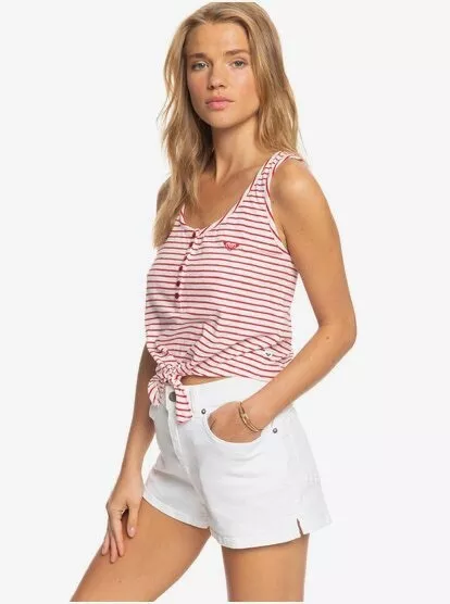 Roxy Sweet Symphony Crop Tank Top Red White Stripes Sleeveless Front Tie Size L