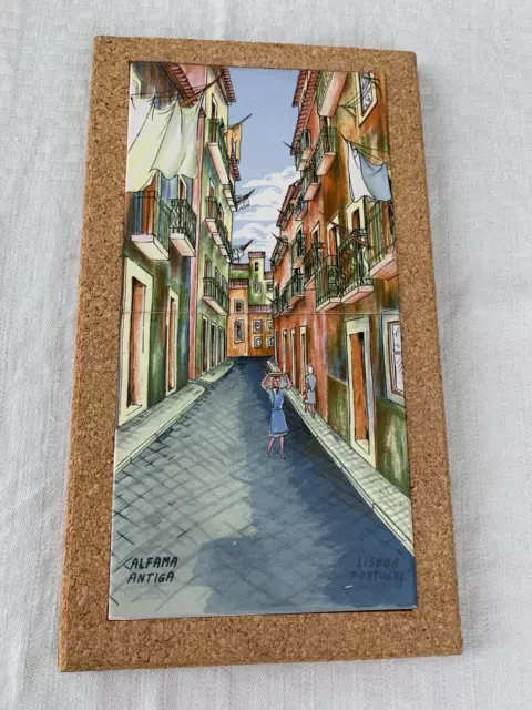 Lisboa Portugal Alfama Antiga Handpainted Ceramic Tile Street Scene Wall Hanging