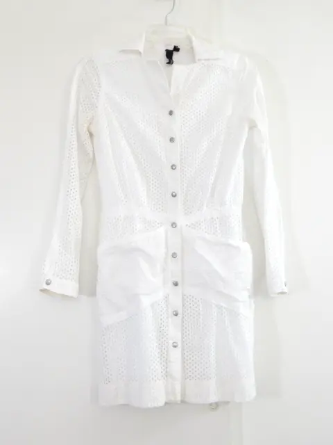 EDUN shirt dress eyelet cotton casual long sleeve pockets snap front white XS