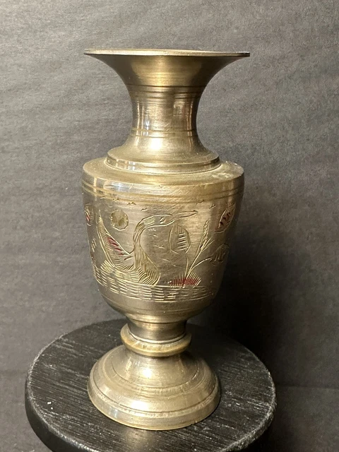 Vintage Indian Hand Crafted Engraved Swan Solid BRASS Vase Etched 5”