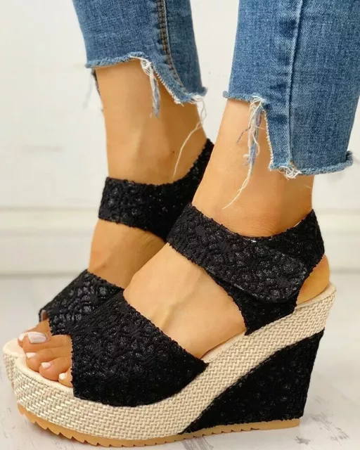 Sandales Femmes Talon 12 CM Noir Clair Compensé Platforn Cuir Synthetique CZ044